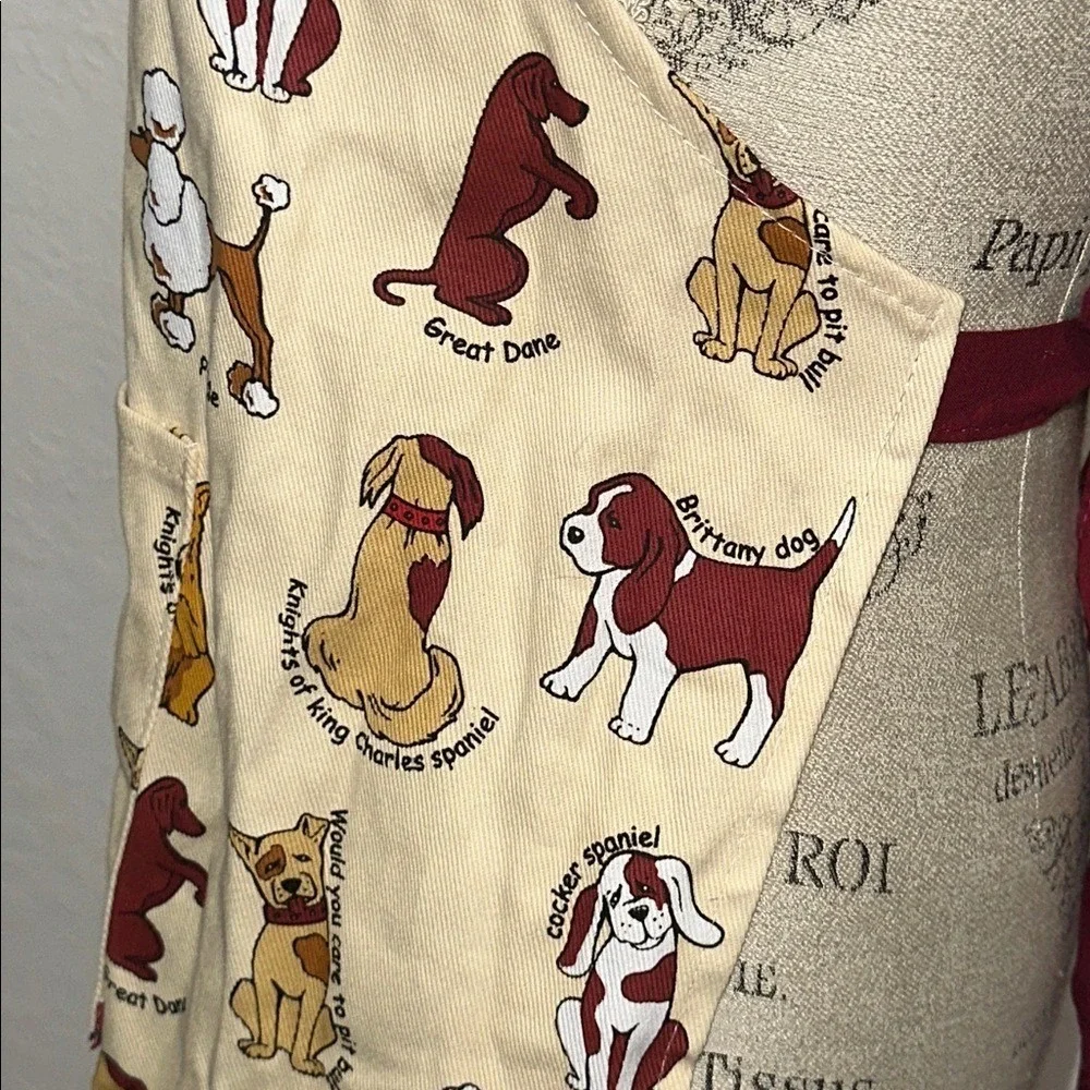 Chef Central Canines Full Apron Cotton Dog Breed Print Cream Burgundy New